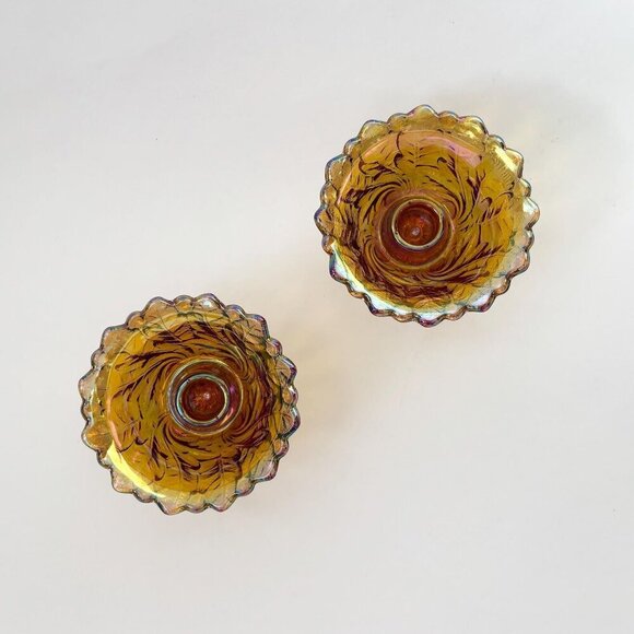 Pair of Indiana Glass Carnival Iridescent Glass Amber Vintage MCM Candle Holders - Picture 6 of 10